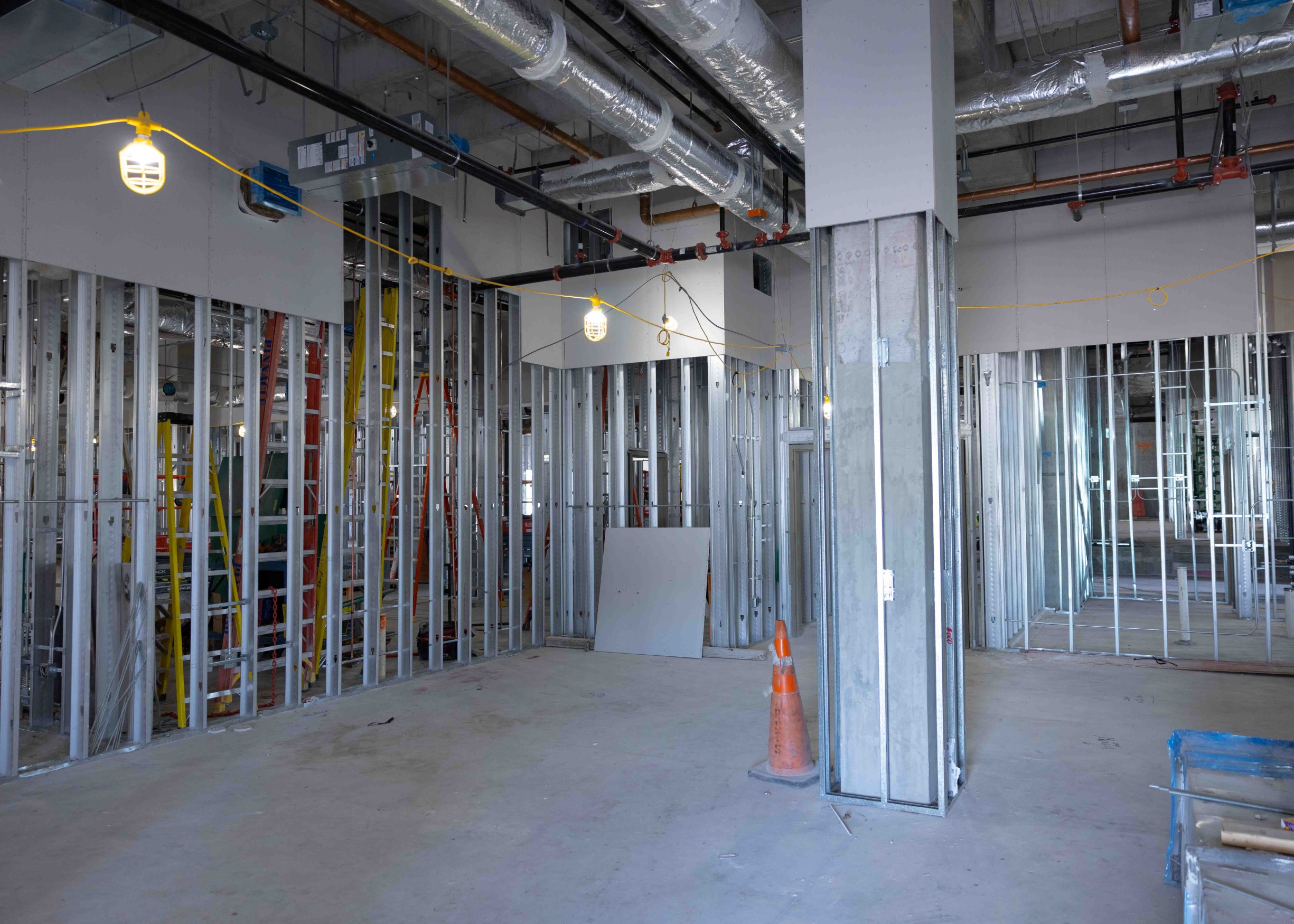Construction on the new building structure and its interior.