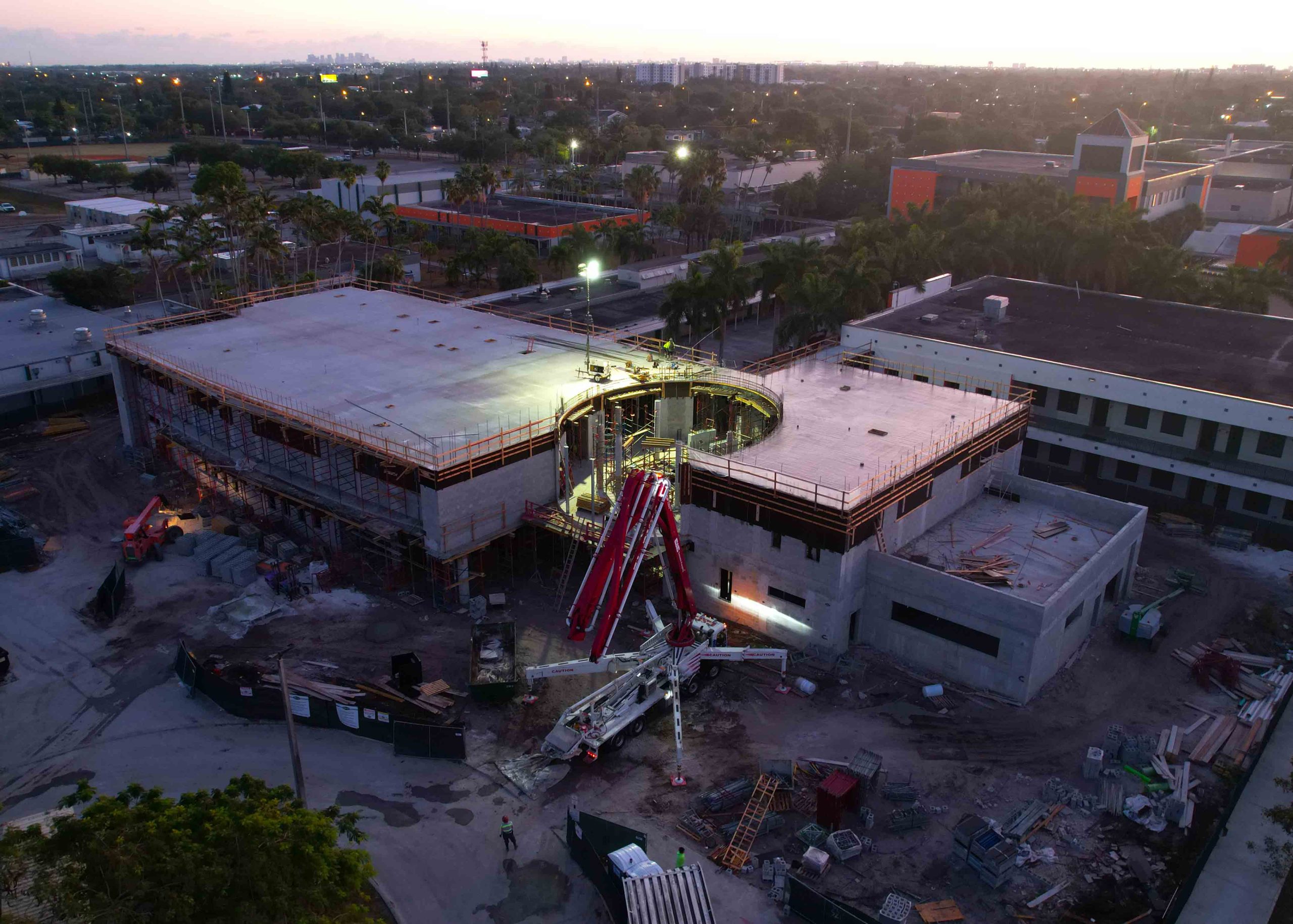 A concrete pour is underway as part of the ongoing construction.
